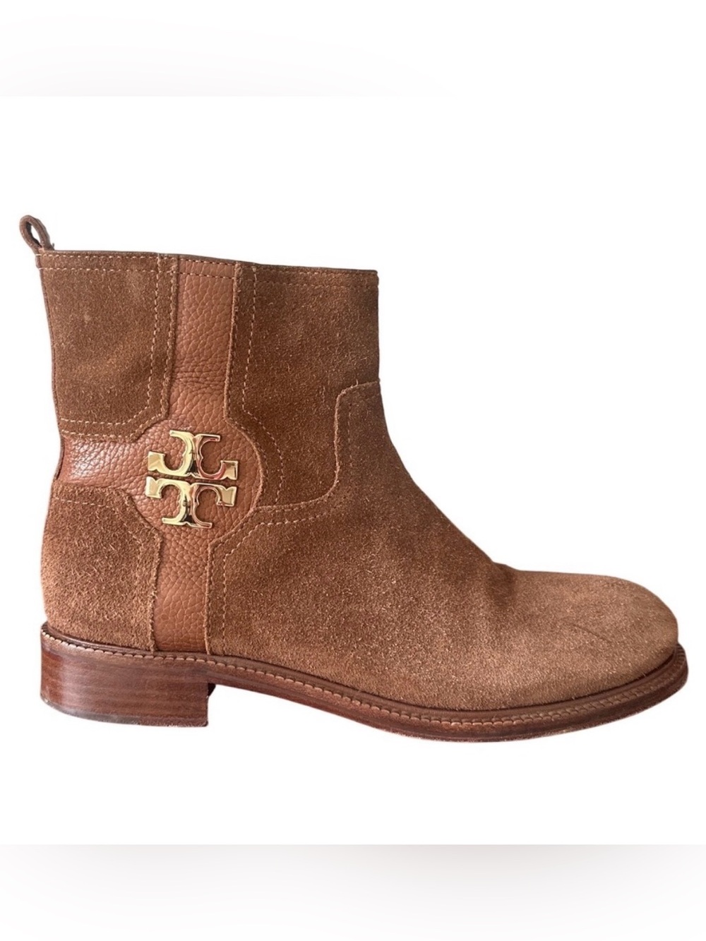 Tory Burch Alaina Suede Pebbled Leather Logo Ankle Booties Cognac Tan 9